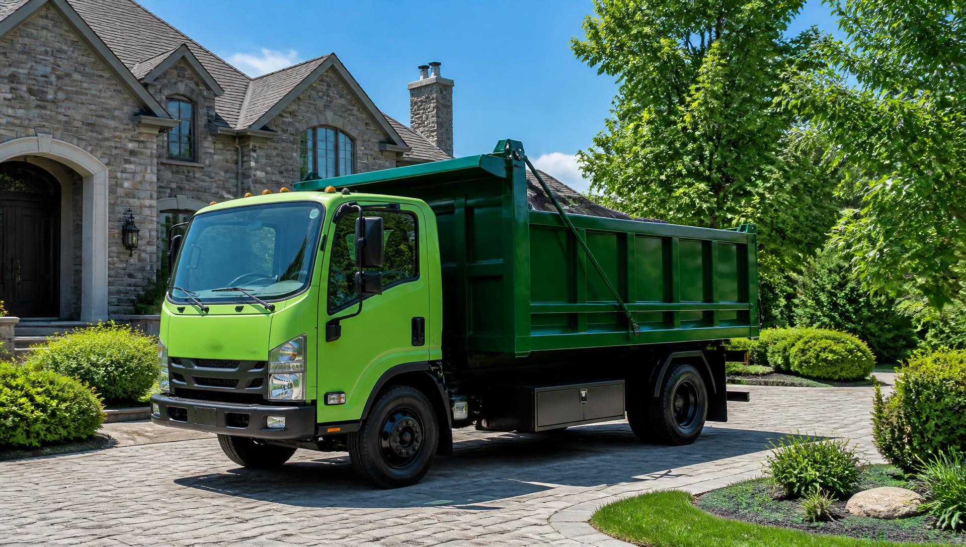 Load & Leave green junk removal truck parked in the driveway of a Bloomfield Hills estate